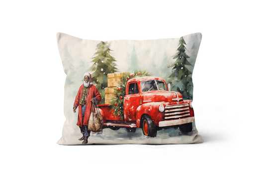 Santa Shopping Trip with Red Truck Lumbar Pillow Cover