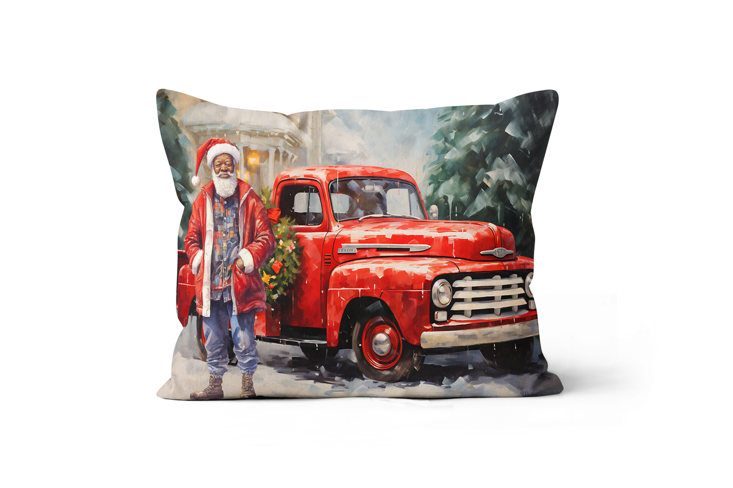 Santa and Red Truck Lumbar Pillow Cover