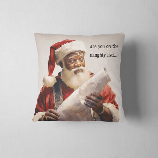 African American Santa checking "The Naughty List"