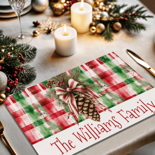 Personalized "Holiday Pinecone Plaid" placemats.