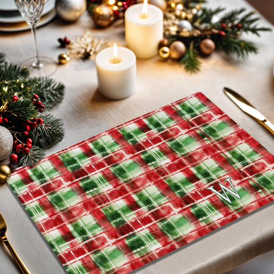 Personalized "Christmas Plaid with Monogram" placemats.